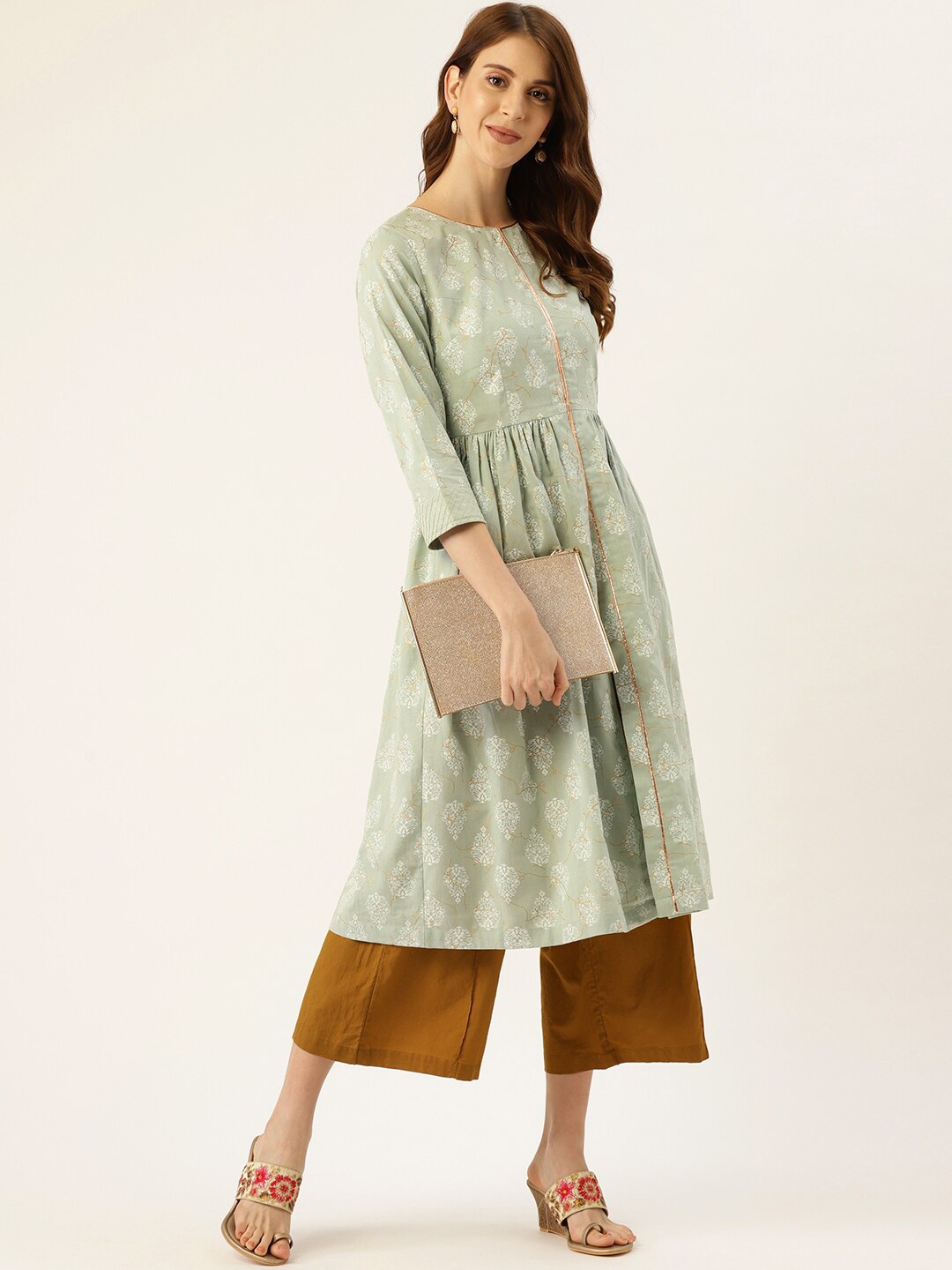 

Sangria Floral Block Printed Pure Cotton Front Slit Gather A-Line Kurta, Green