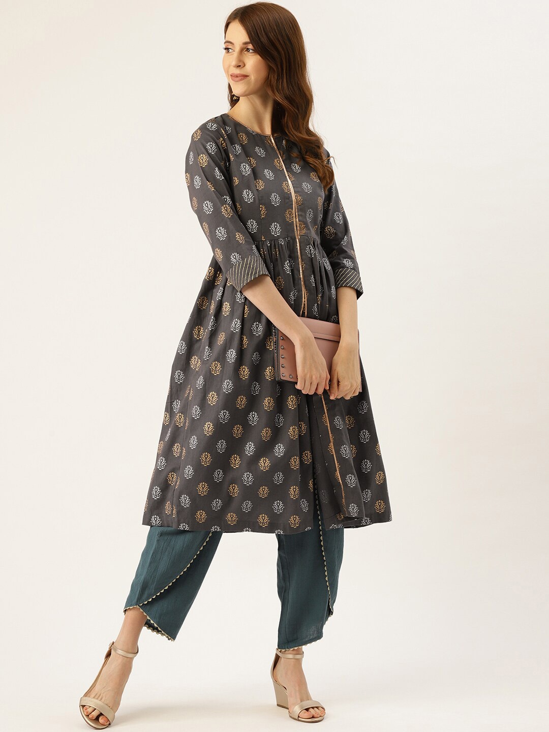 

Sangria Ethnic Motifs Printed Pure Cotton A-Line Kurta, Charcoal
