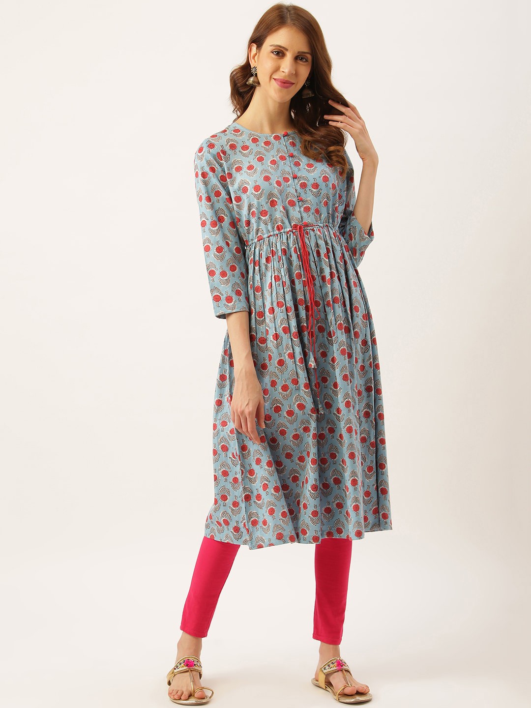 

Sangria Floral Block Printed Pure Cotton Drawstring A-Line Kurta, Blue