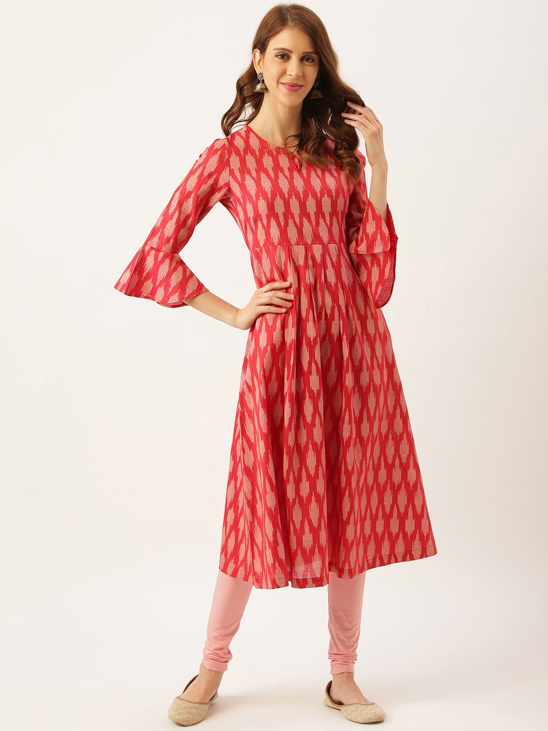 

Sangria Woven Design Bell Sleeves Pure Cotton A-Line Kurta, Red