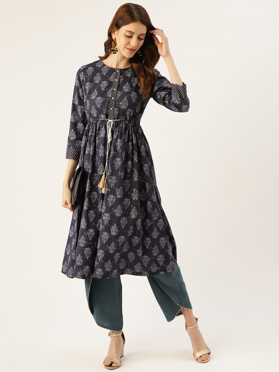 

Sangria Ethnic Motifs Printed Pure Cotton A-Line Kurta, Navy blue