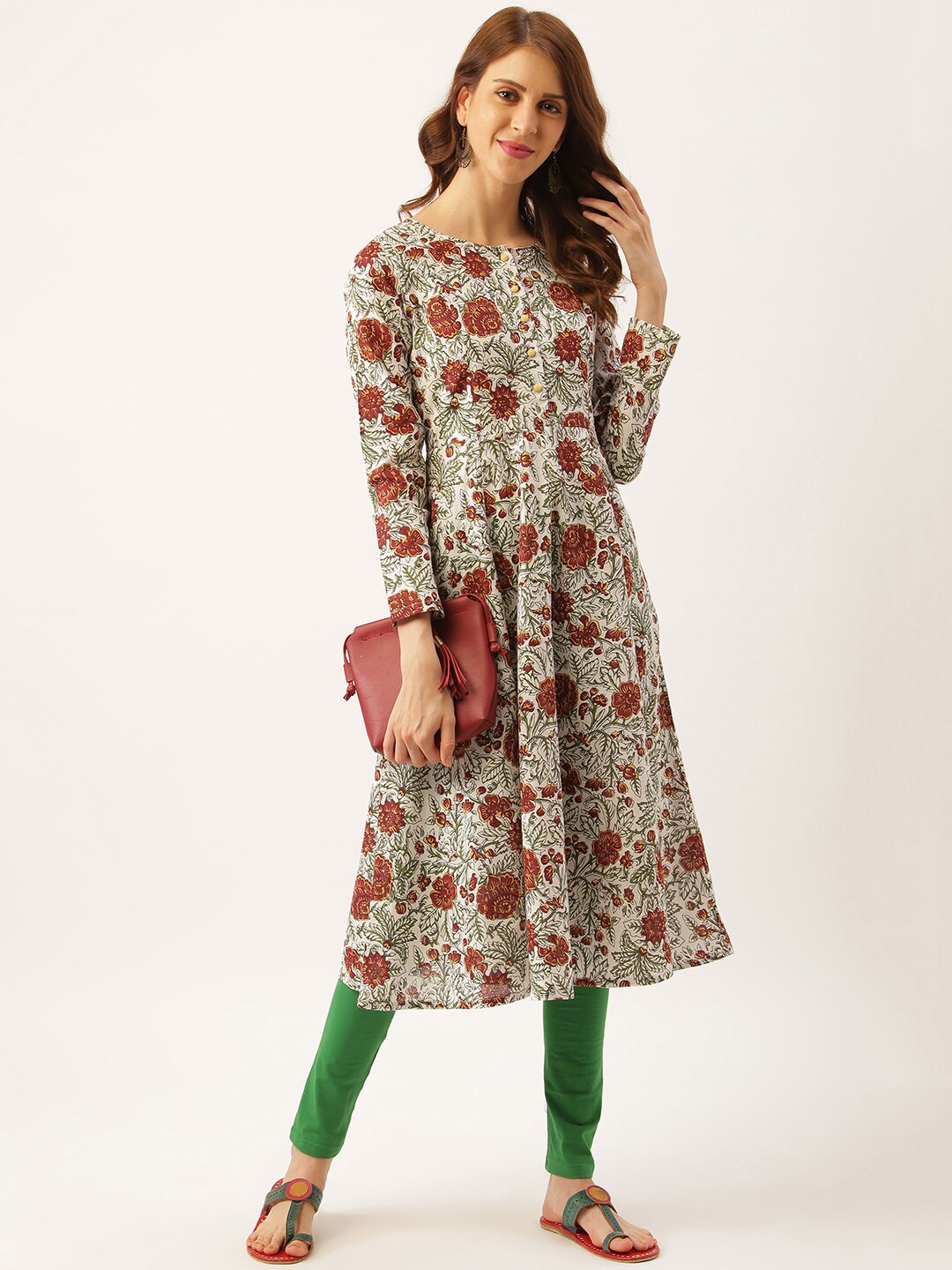 

Sangria Floral Block Printed Pure Cotton A-Line Kurta, Maroon