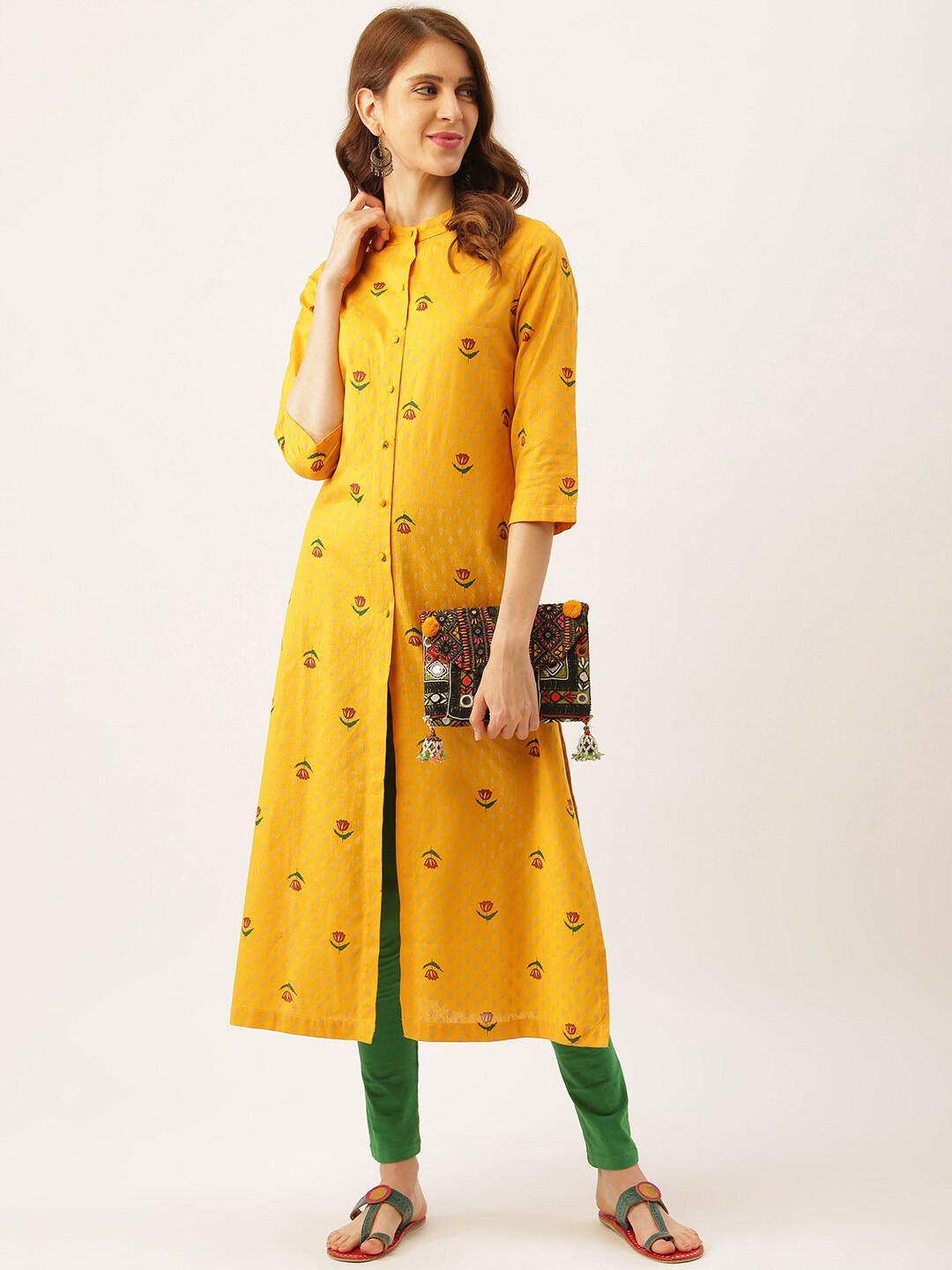 

Sangria Floral Printed Mandarin Collar Pure Cotton Kurta, Yellow