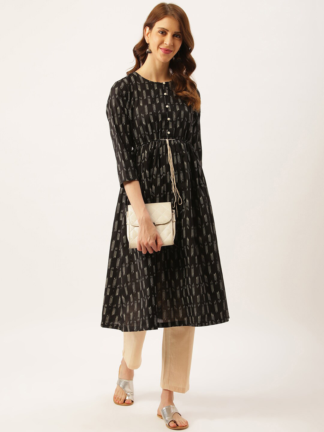 

Sangria Ikat Printed Pure Cotton A-Line Drawstring Kurta, Black