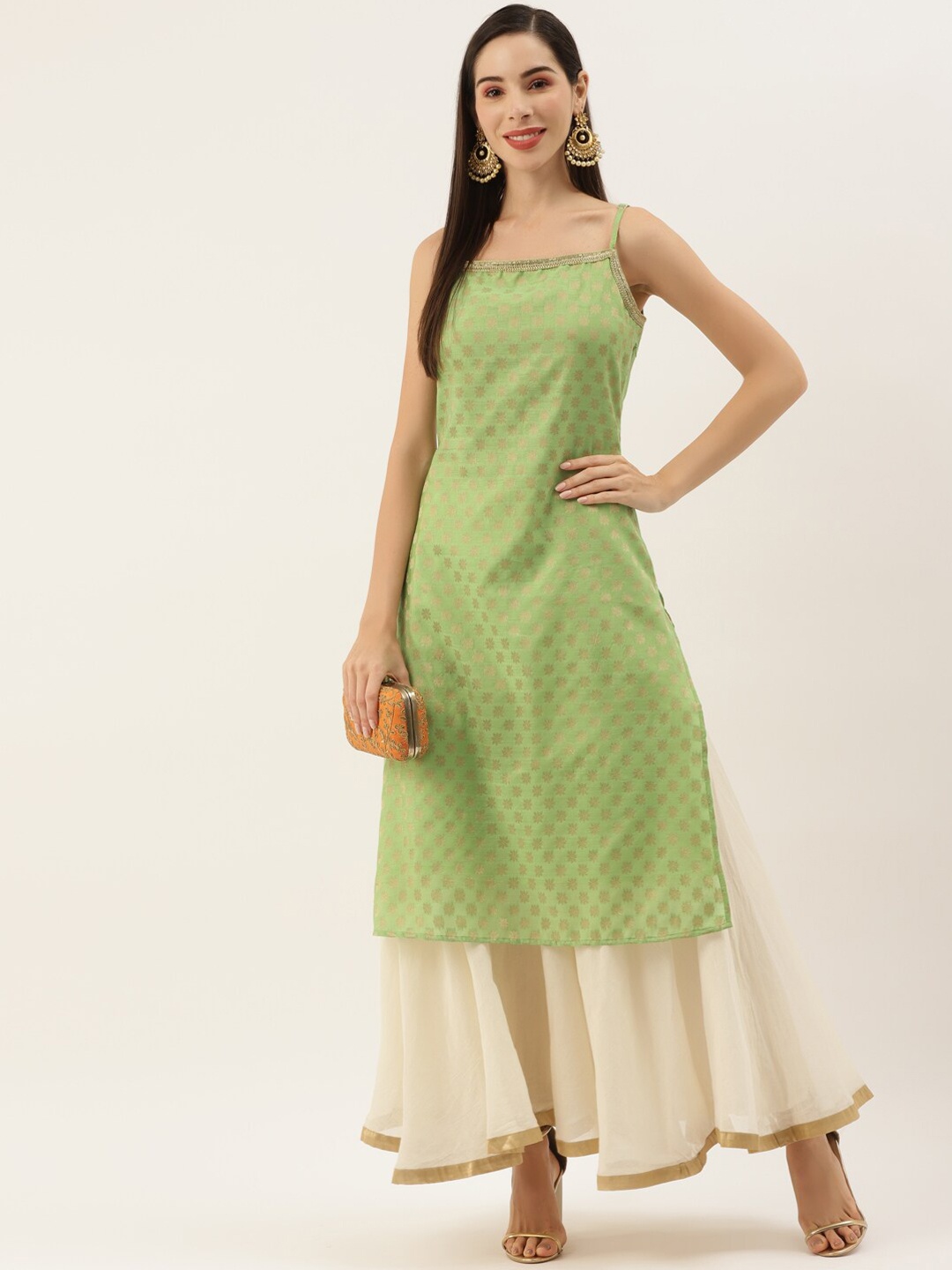 

Sangria Woven Design Shoulder Strap Straight Kurta, Green