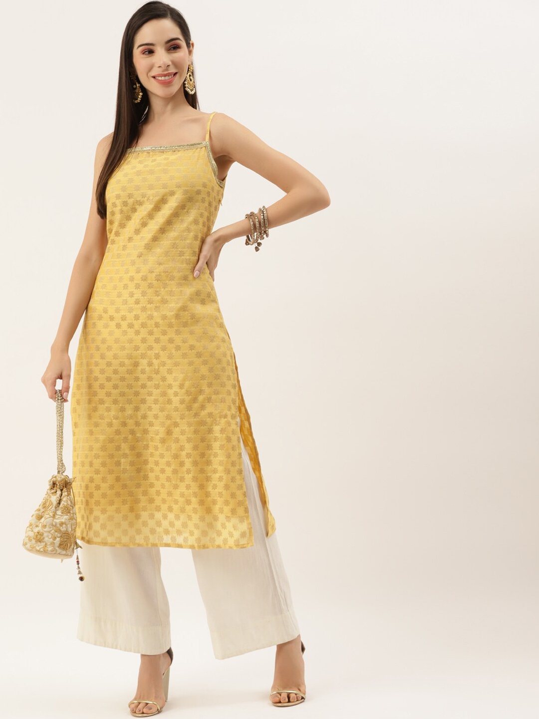 

Sangria Woven Design Shoulder Strap Straight Kurta, Yellow