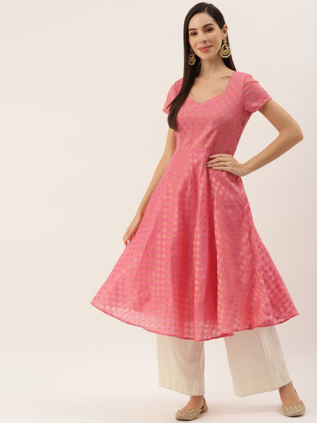 

Sangria Woven Design Sweetheart Neck Anarkali Kurta, Pink