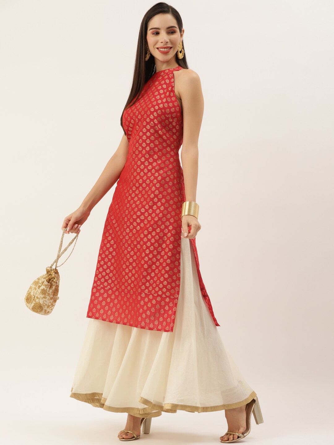 

Sangria Woven-Design Halter Neck Straight Kurta, Red