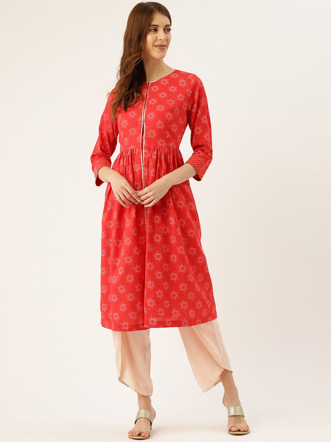 

Sangria Floral Printed Pure Cotton Pleated A-Line Front Slit Kurta, Red