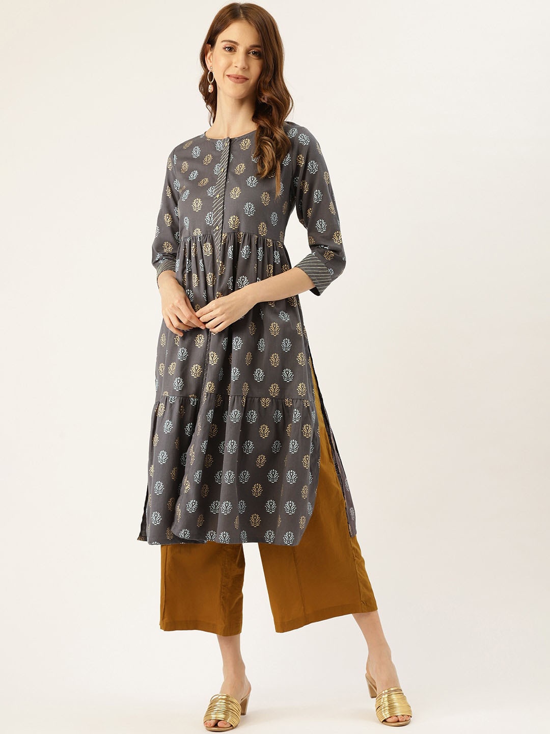 

Sangria Floral Printed A-Line Pure Cotton Tiered Kurta, Charcoal