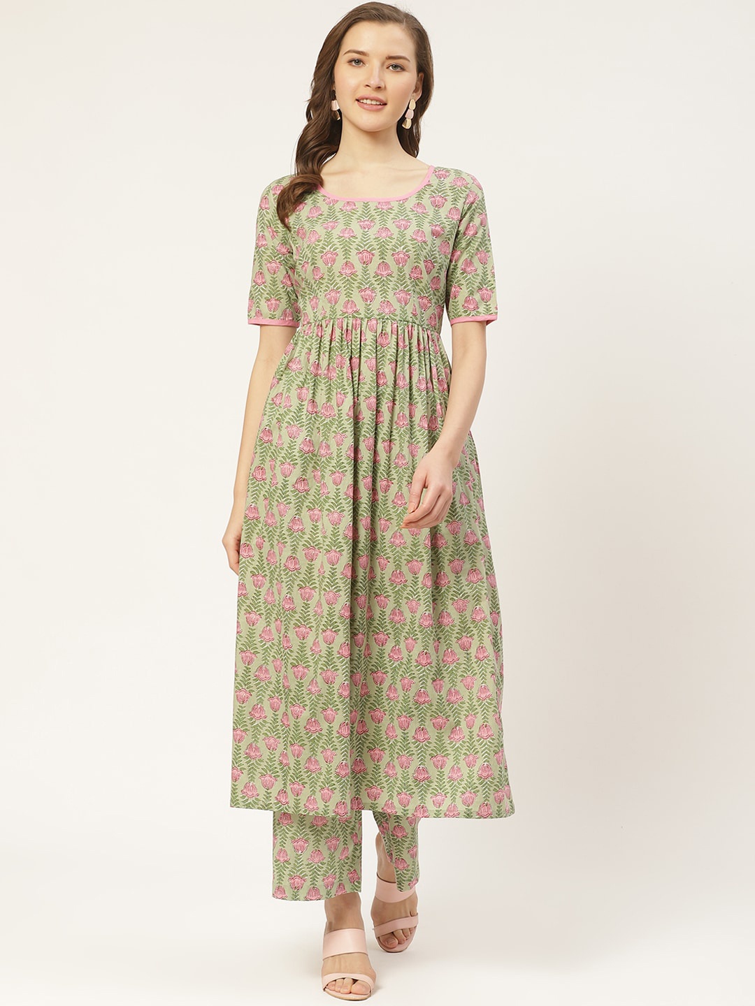 

Sangria Floral Printed Pure Cotton A-Line Kurta, Green