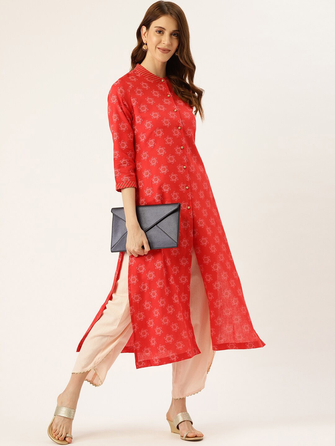 

Sangria Ethnic Motifs Printed Pure Cotton A-Line Kurta, Red