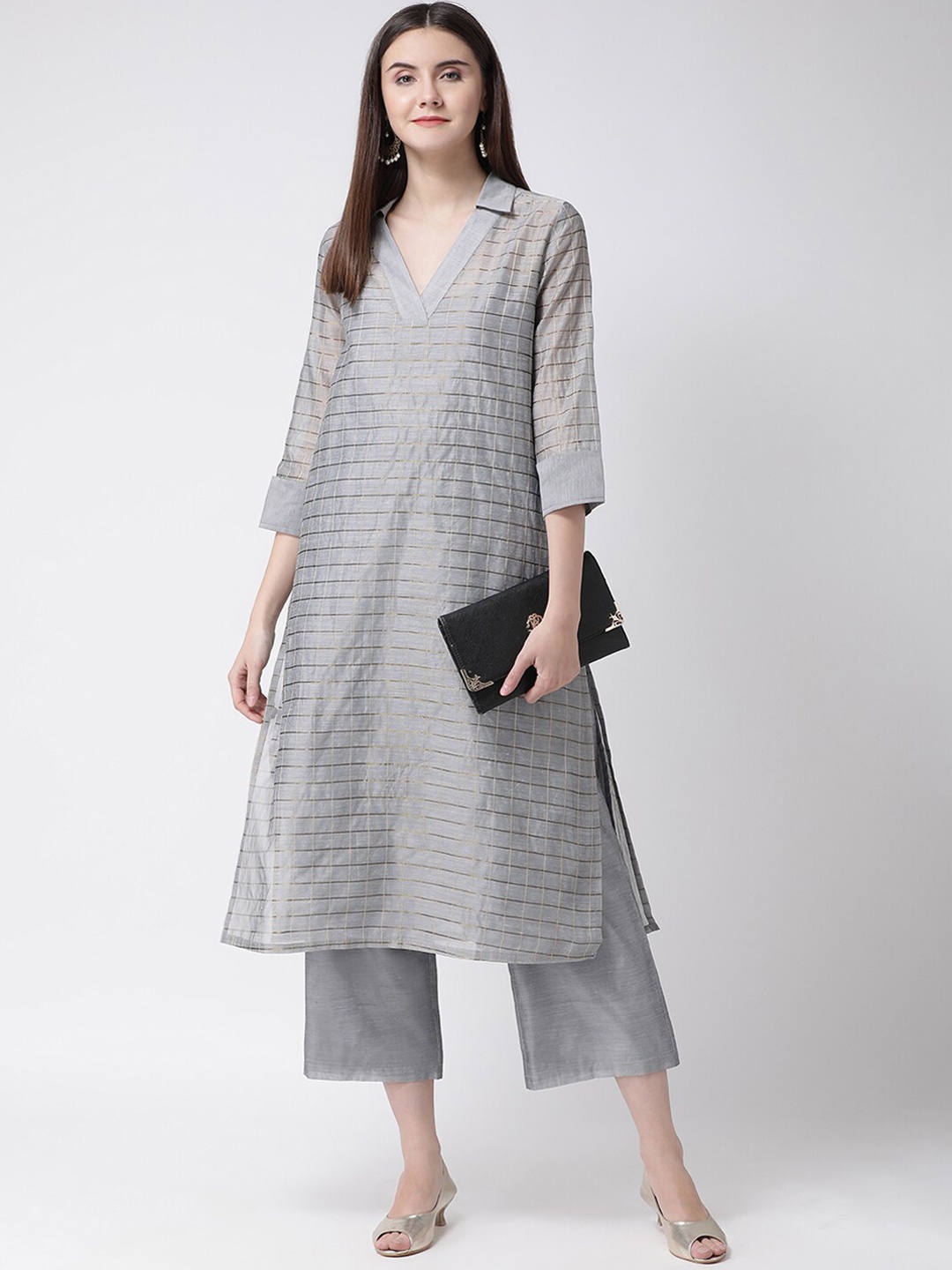 

Sangria Checked Shirt Collar A-Line Kurta, Grey