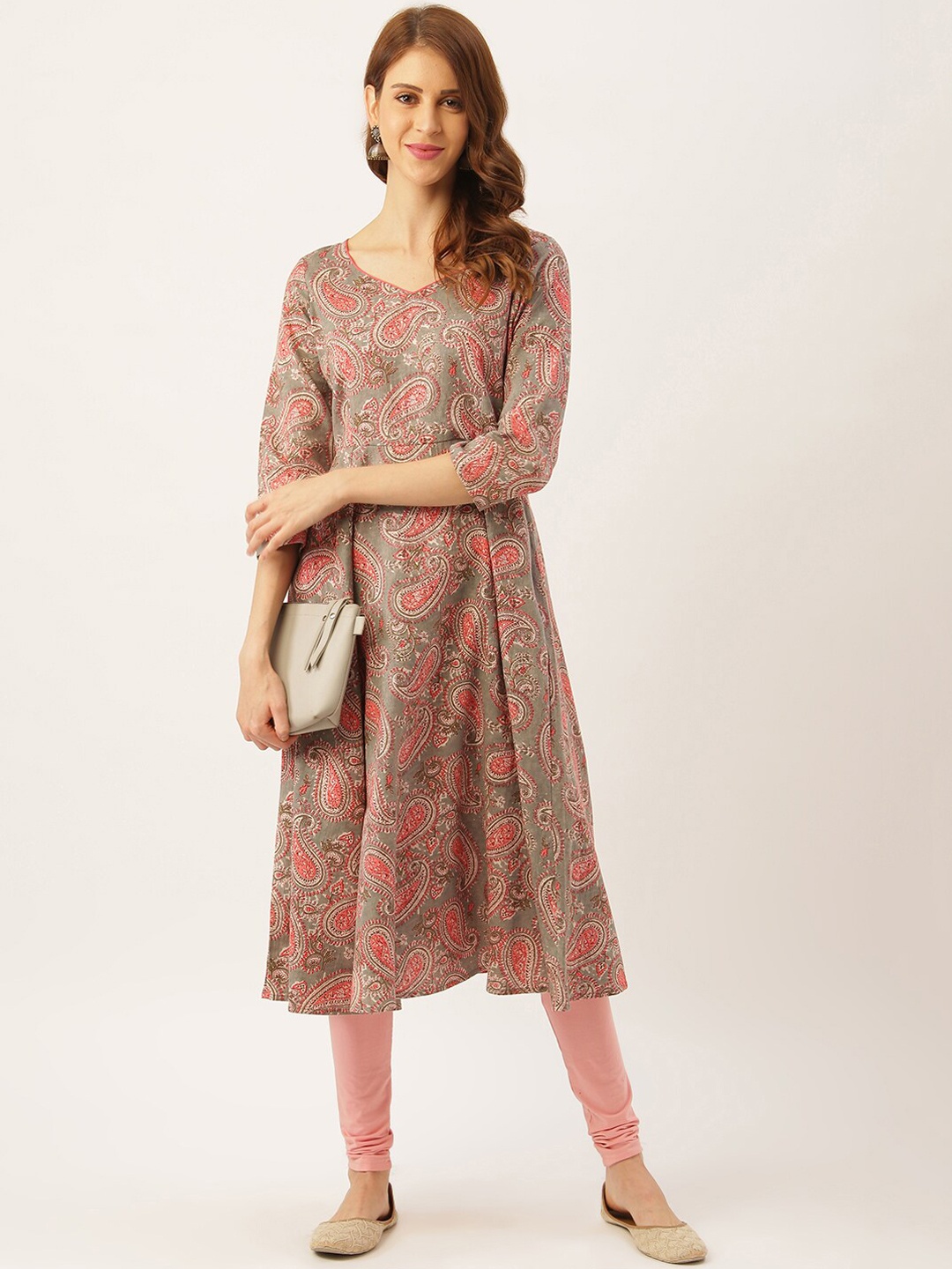 

Sangria Floral Block Printed Chanderi Silk A-Line Kurta, Grey