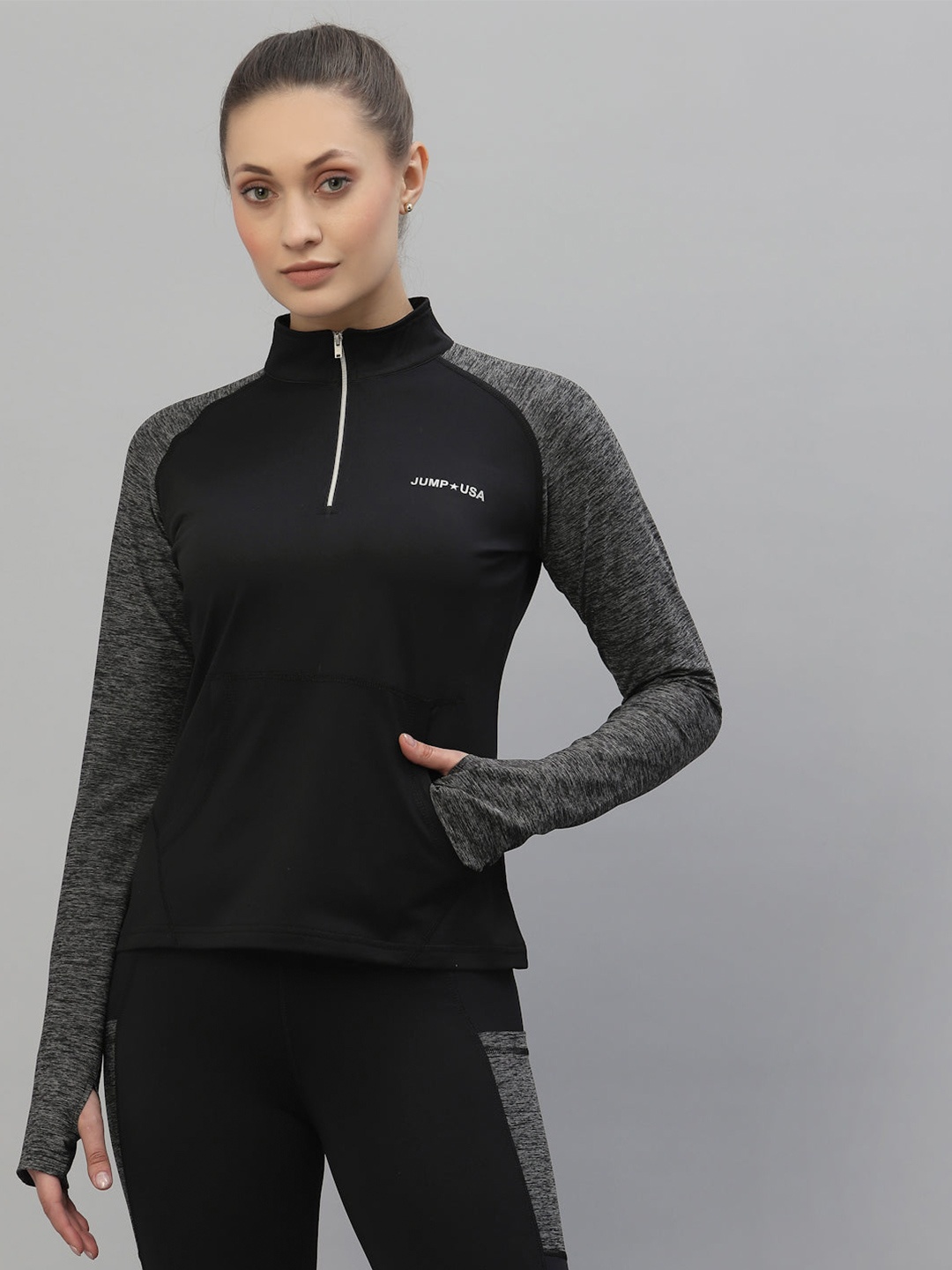 

JUMP USA Turtle Neck Raglan Sleeves Rapid Dry Sports T-shirt, Black