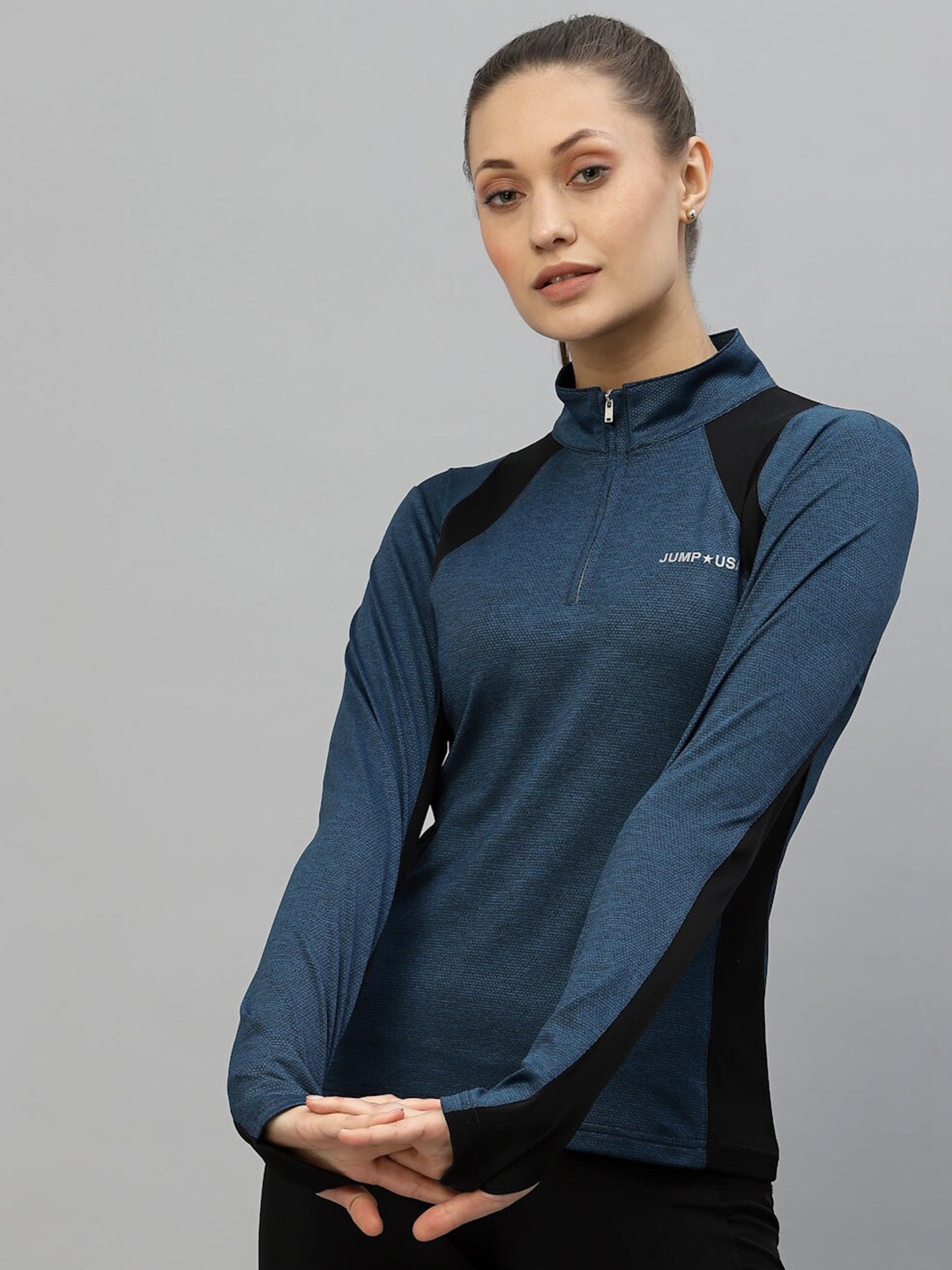 

JUMP USA Rapid-Dry Colourblock High Neck Long Sleeve Outdoor T-shirt, Navy blue