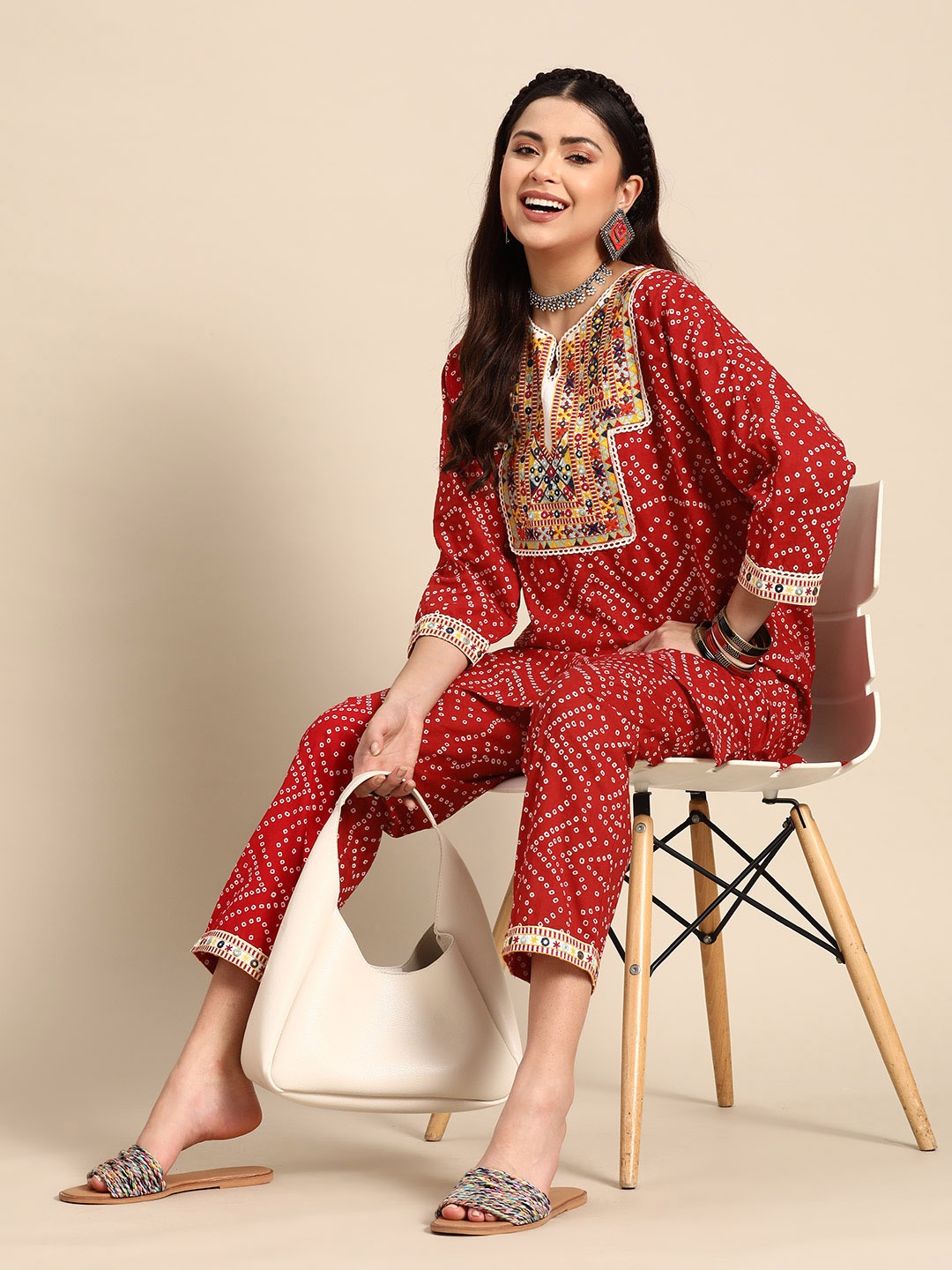 

Sangria Bandhani Printed Regular Mirror Work Pure Cotton Kurta with Trousers, Red