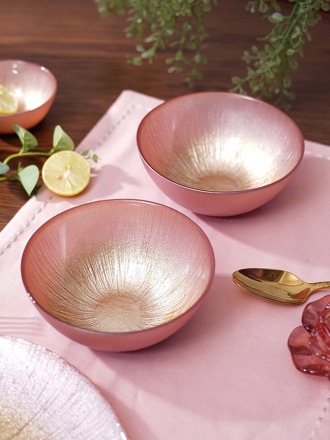 

Pure Home and Living Pink & Gold Toned 2 Pieces Radial Gradient Textured Glass Bowls