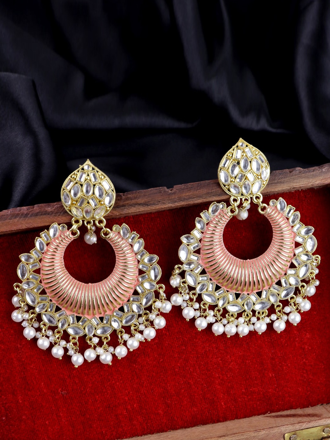 

Krelin Gold-Plated Kundan Studded Meenakari Stone Classic Chandbalis, Peach