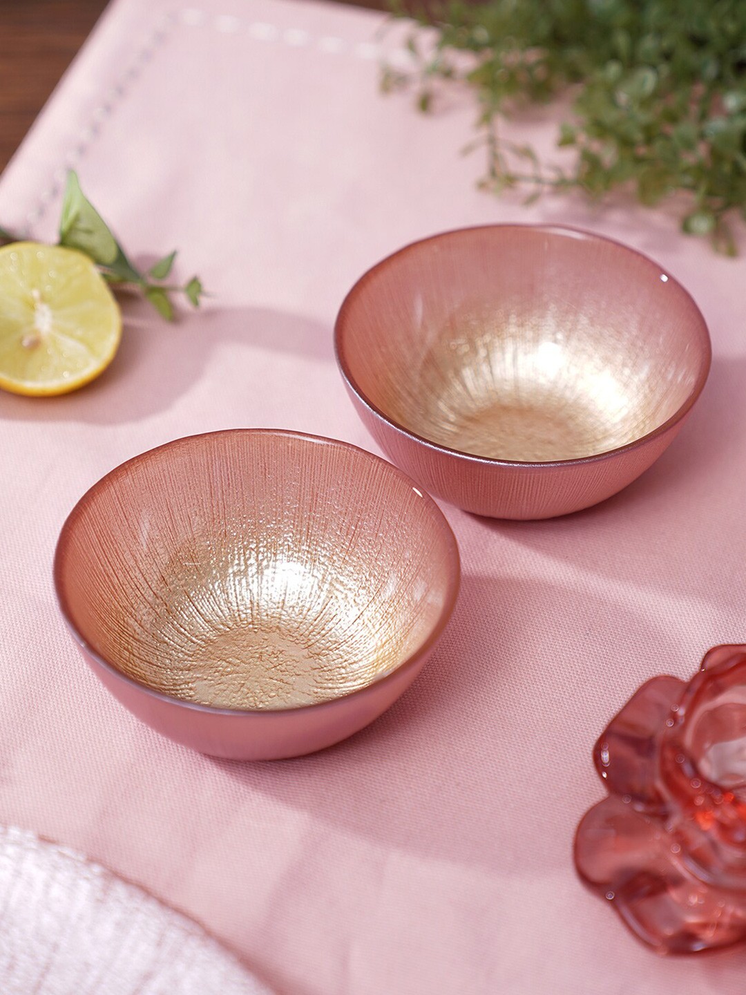 

Pure Home and Living Pink & Gold Toned 2 Pieces Radial Gradient Textured Glass Bowls