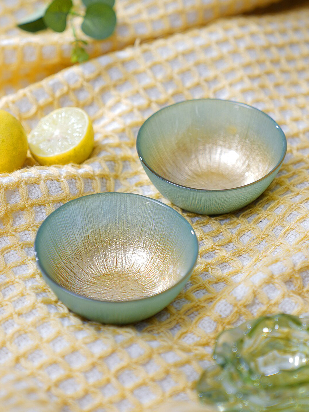 

Pure Home and Living Blue & Gold Toned 2 Pieces Radial Gradient Textured Glass Small Bowls