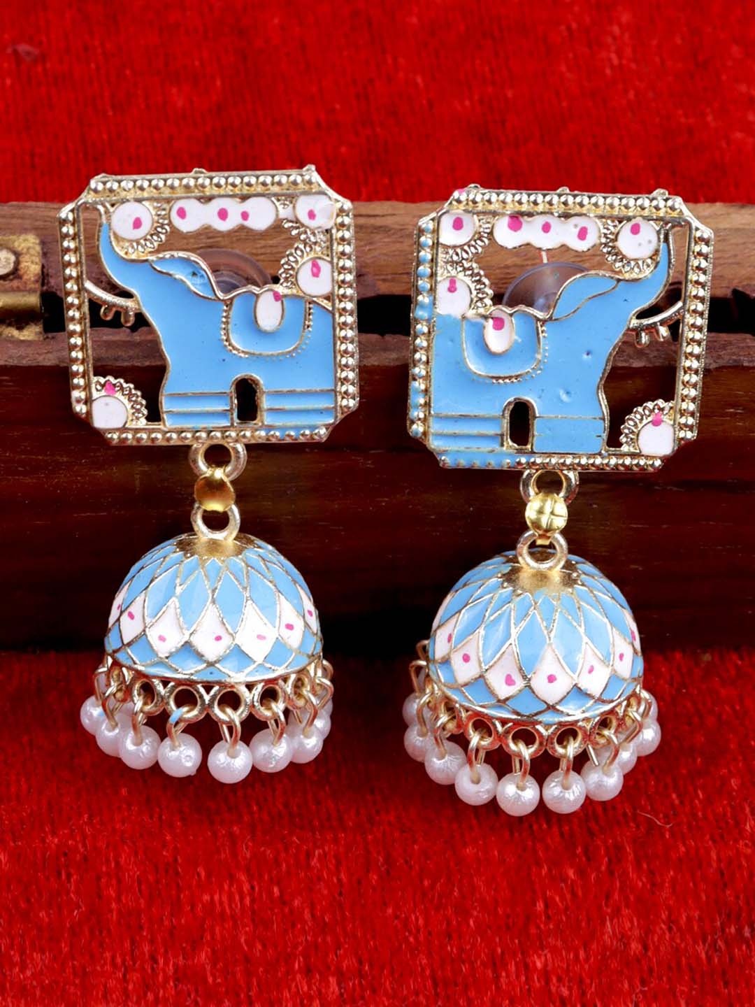 

Krelin Gold-Plated Meenakari Kundan Elephant Stud Jhumkas, Blue