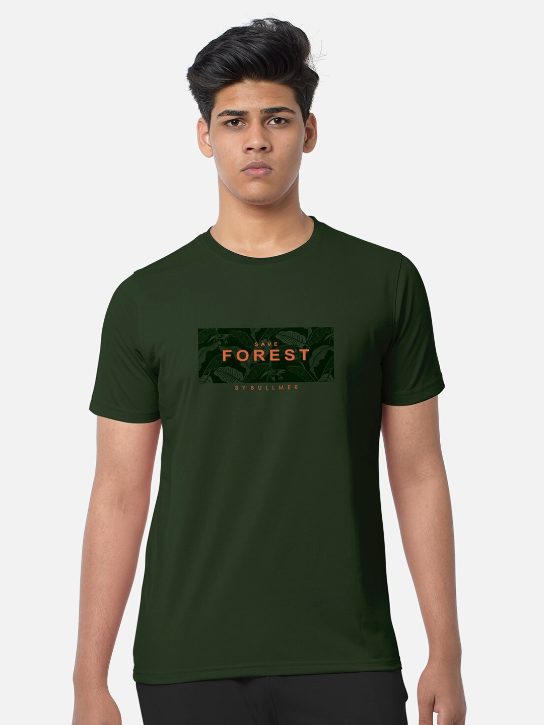 BULLMER Typography Printed Round Neck Cotton T-shirt, Olive