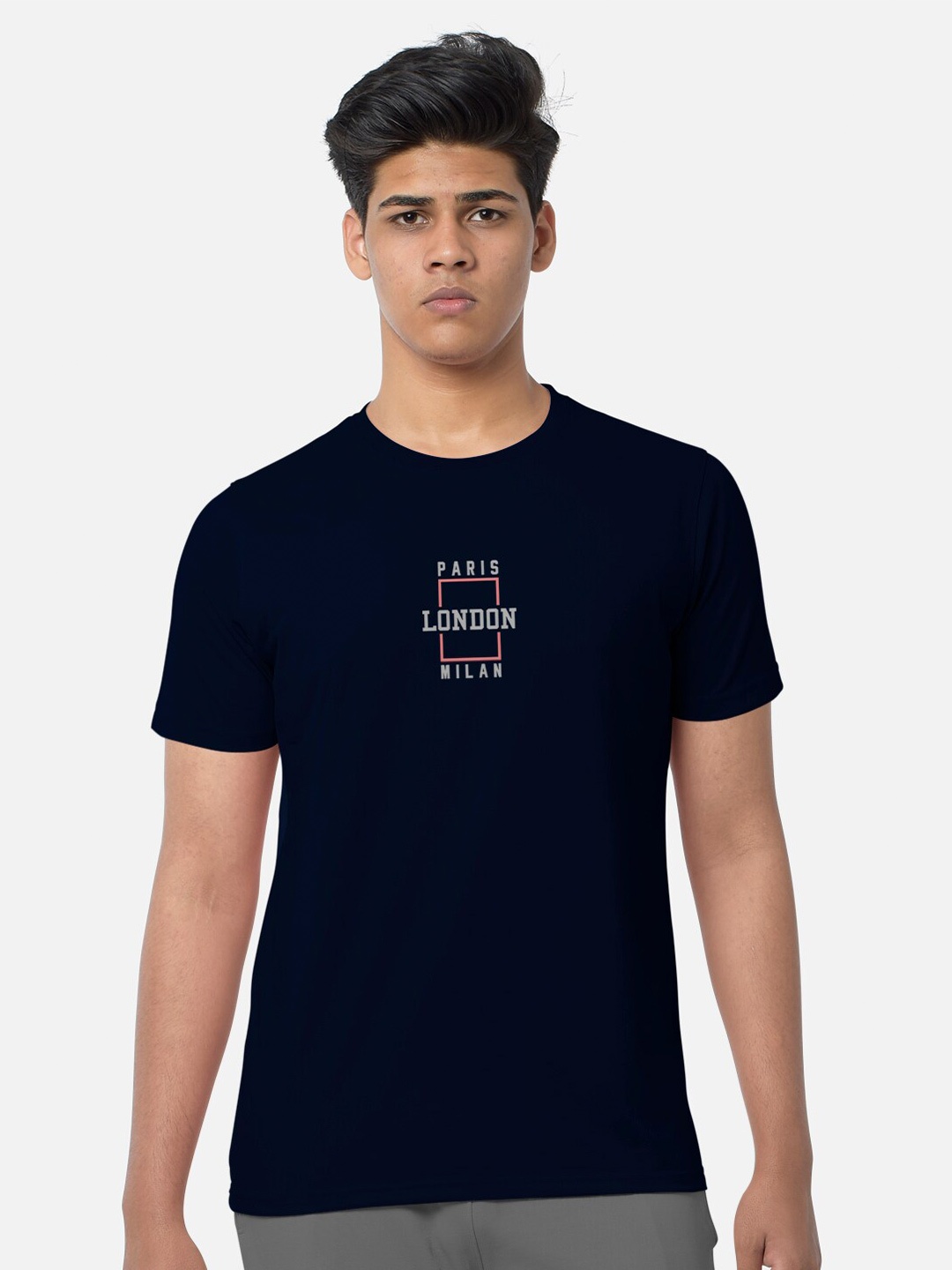 BULLMER Typography Printed Round Neck Cotton T-shirt, Navy blue