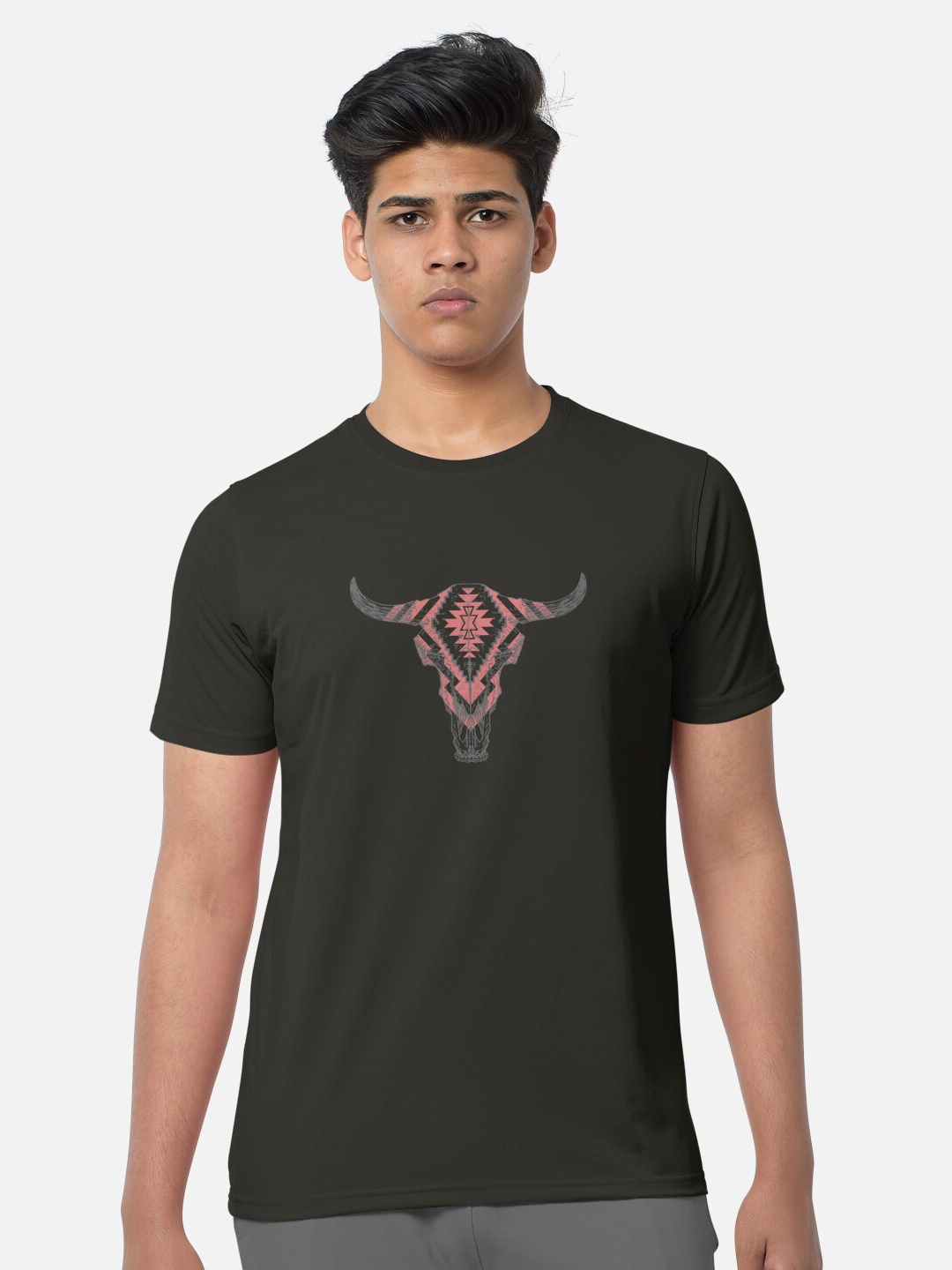 

BULLMER Graphic Printed Round Neck Cotton T-shirt, Charcoal