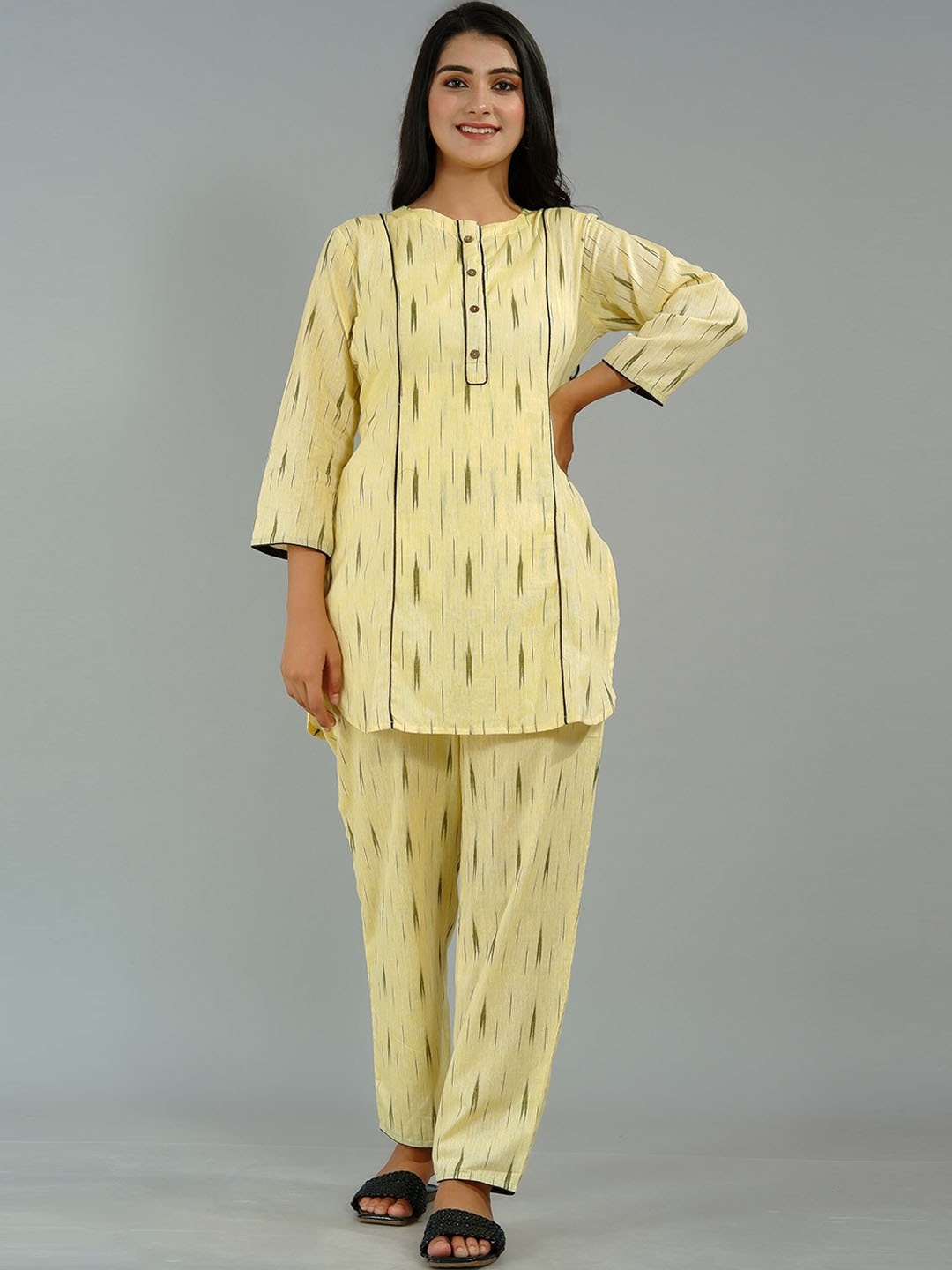 

Tetalee Curved Hem Woven Design Straight Kurti with Trousers, Yellow