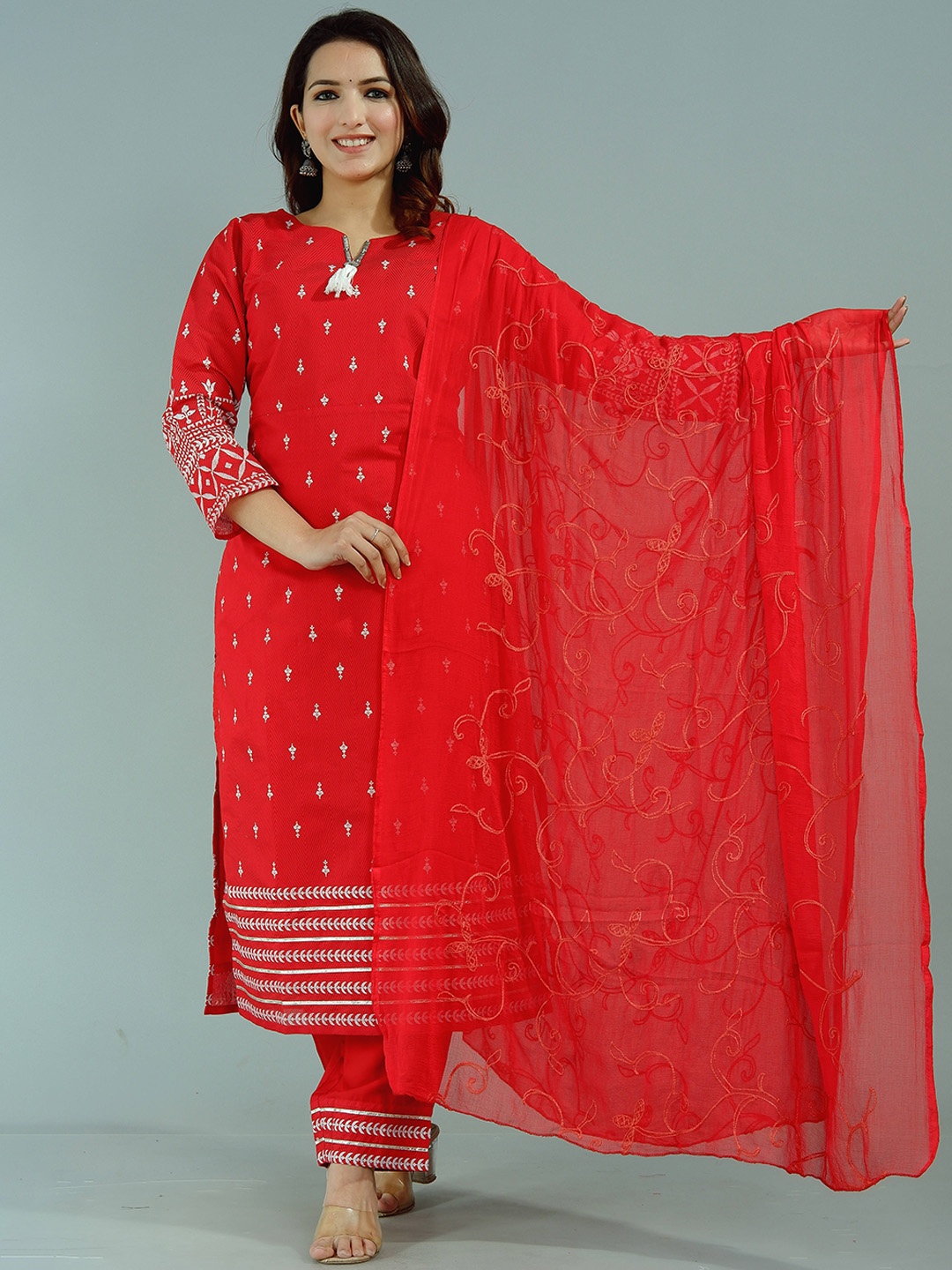 

Tetalee Floral Printed Chanderi Cotton Kurta With Trousers & Dupatta, Red