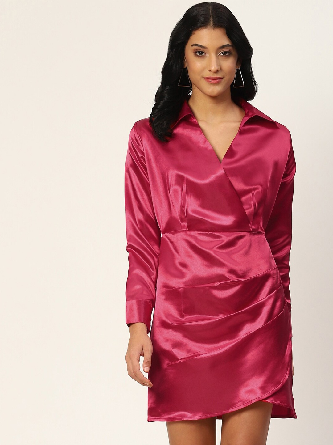 

DressBerry Cuffed Sleeves Satin Shirt Dress, Fuchsia