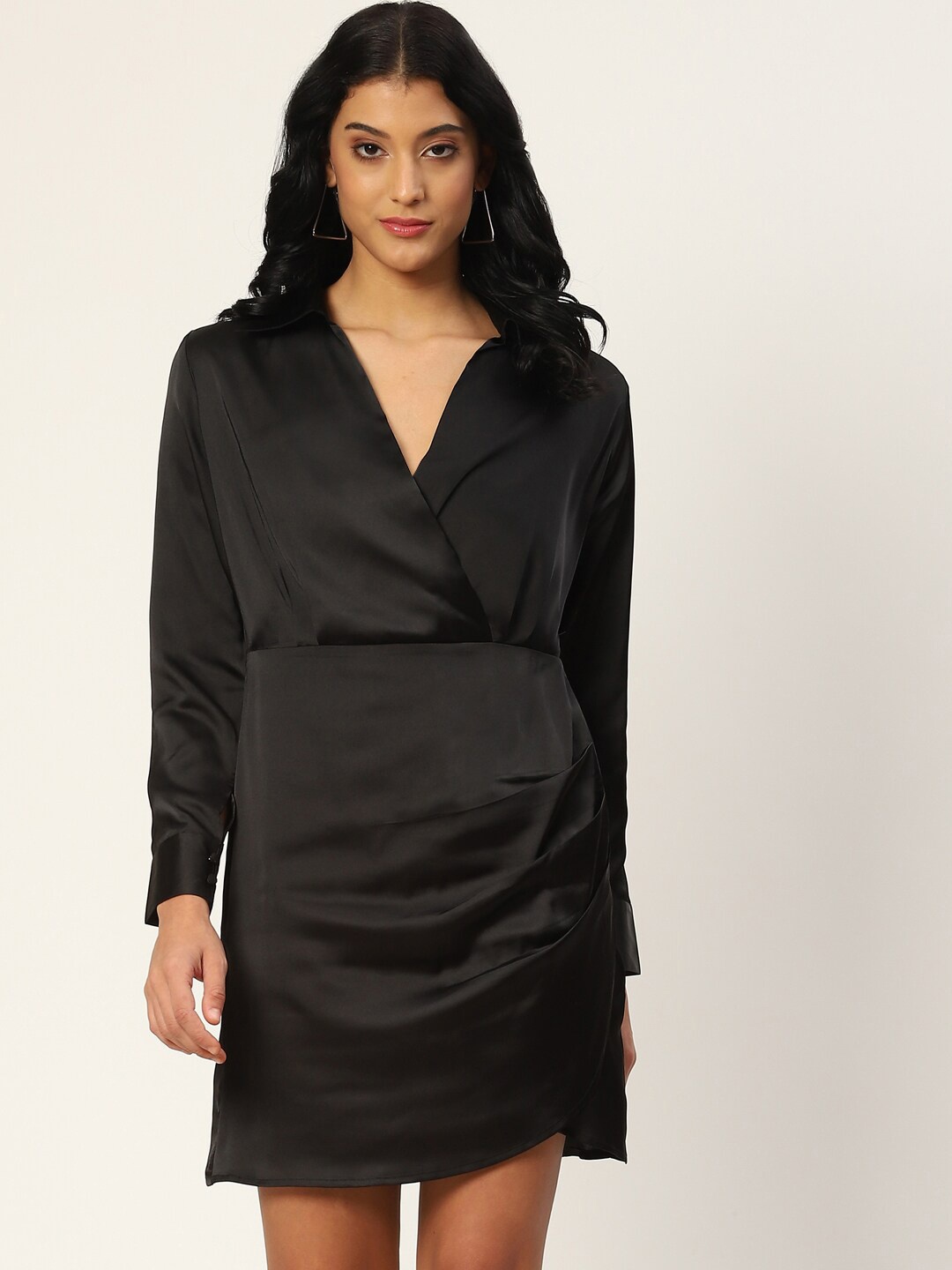 

DressBerry Cuffed Sleeves Satin Shirt Dress, Black