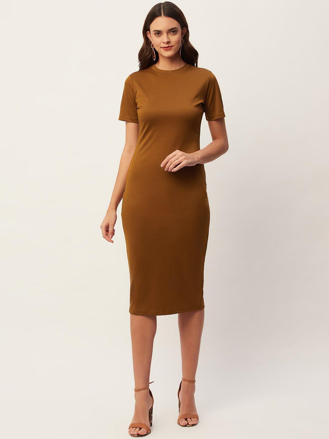 

DressBerry Round Neck Bodycon Midi Dress, Brown