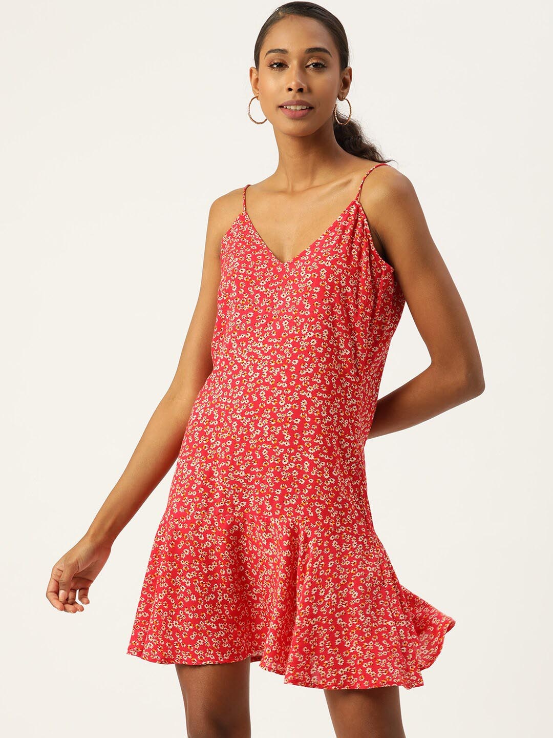 

DressBerry Floral Printed Shoulder Strap A-Line Dress, Red