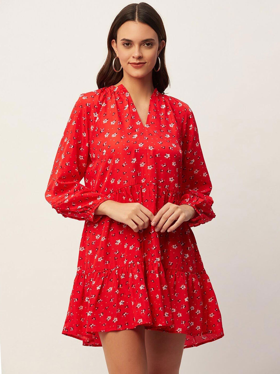 

DressBerry Floral Printed Mandarin Collar A-Line Dress, Red