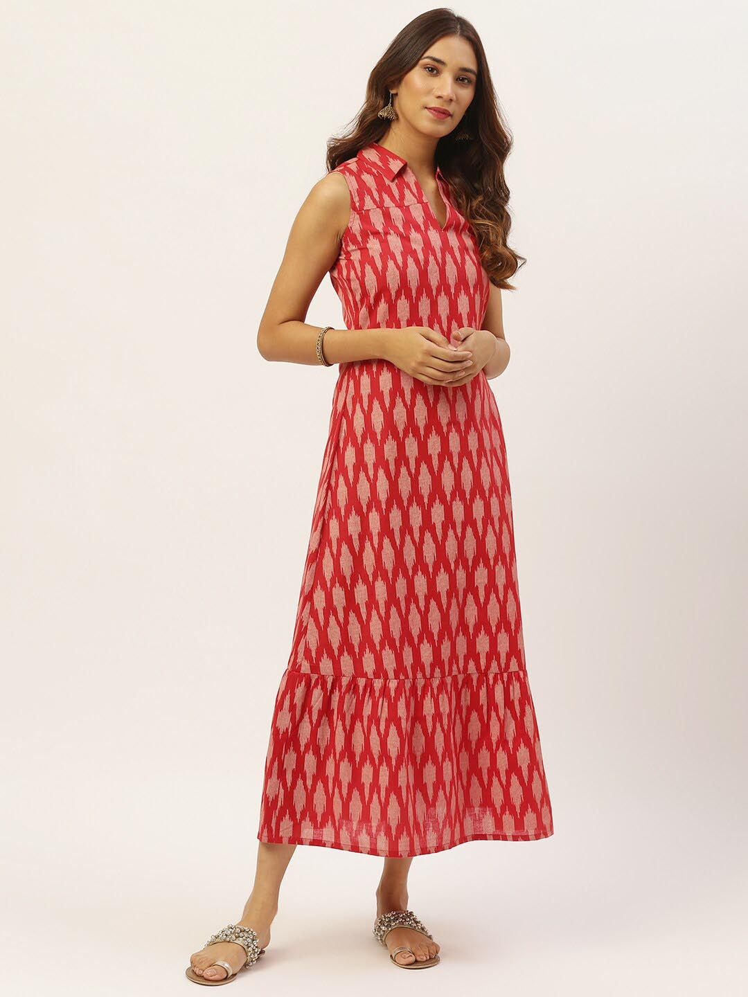

DressBerry Ikkat Pure Cotton A-Line Midi Dress, Red