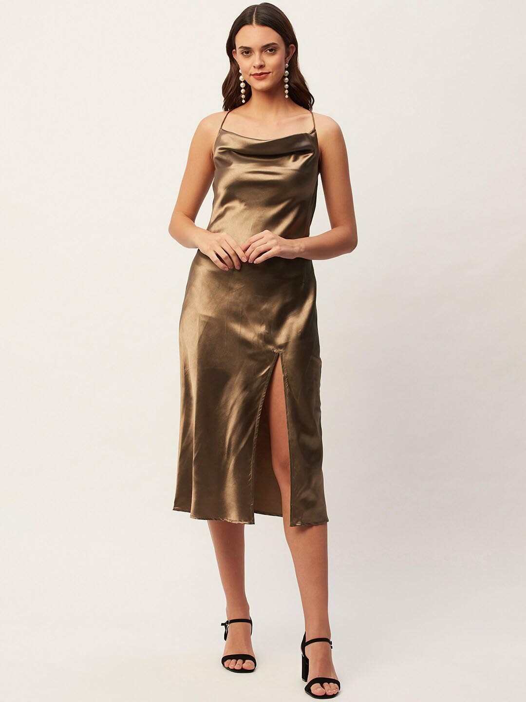 

DressBerry Cowl Neck Satin Sheath Midi Dress, Brown