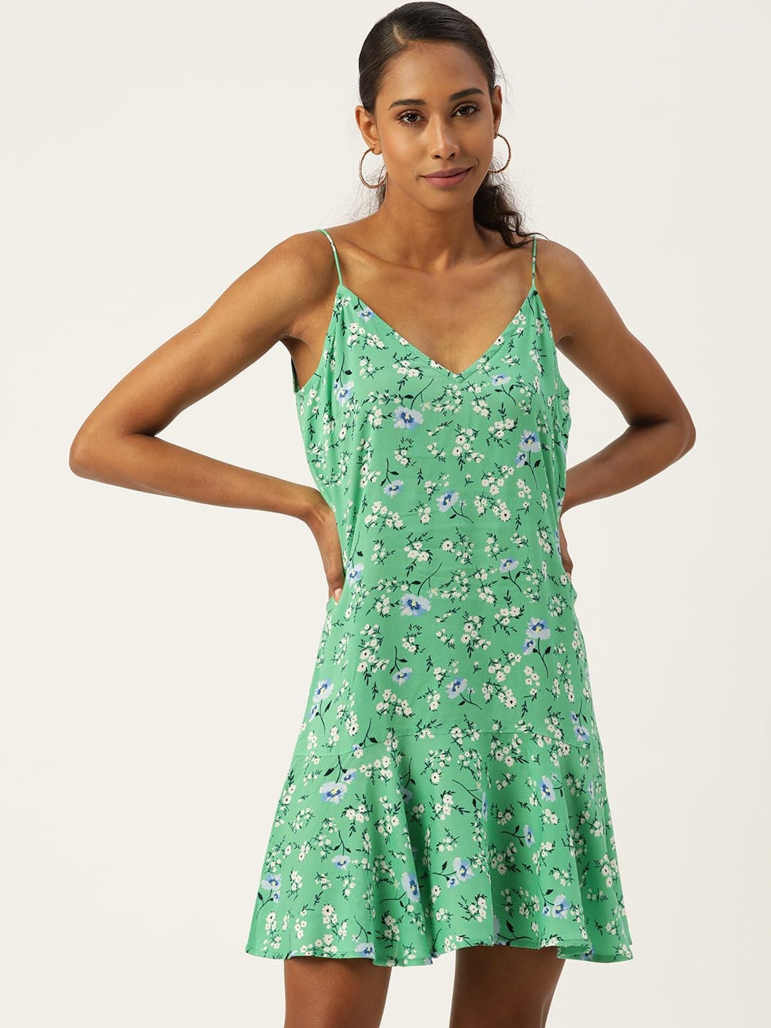 

DressBerry Floral Printed Shoulder Strap A-Line Dress, Green