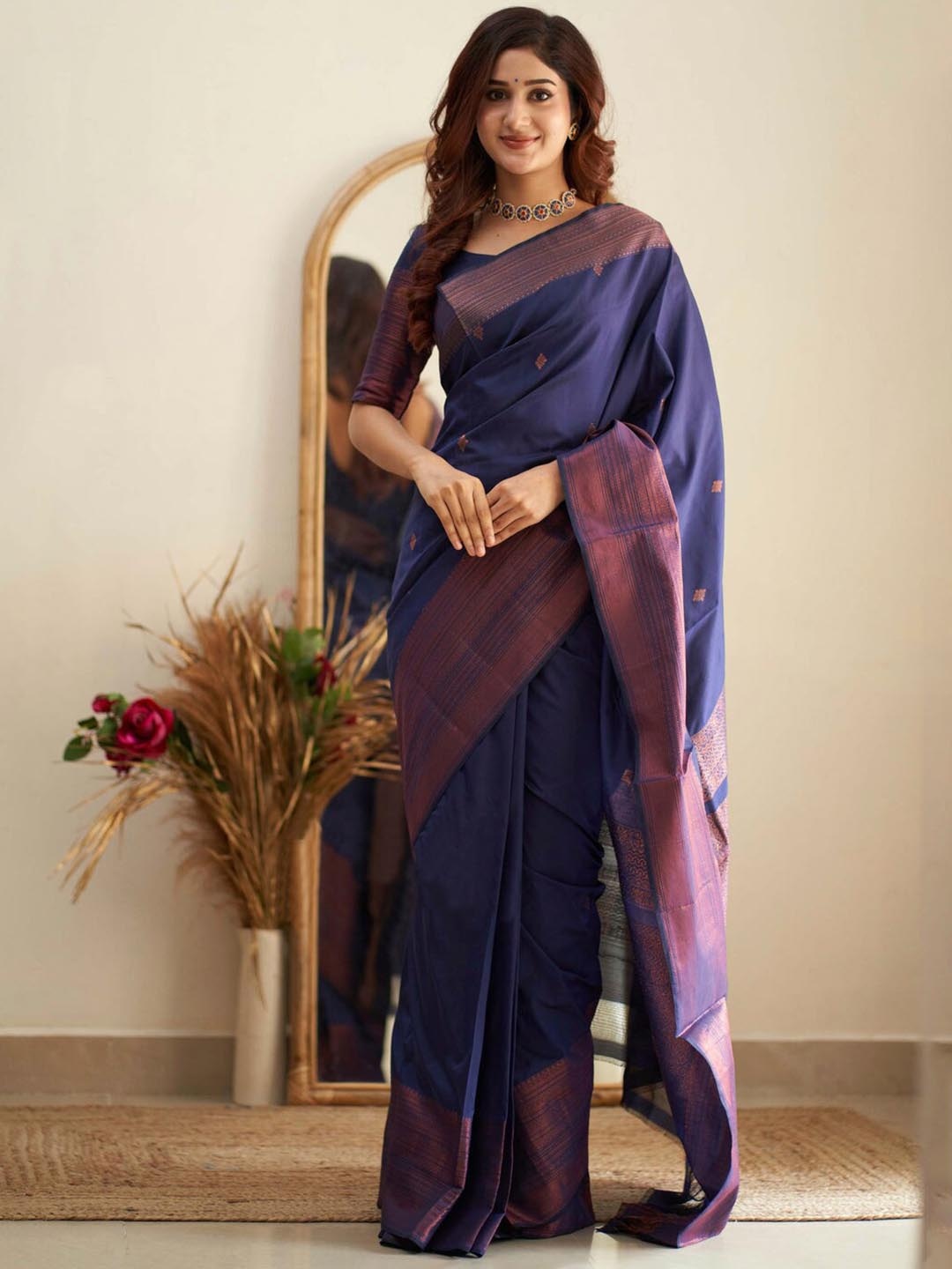 

Jinax Ethnic Motifs Woven Design Pure Silk Banarasi Saree, Blue