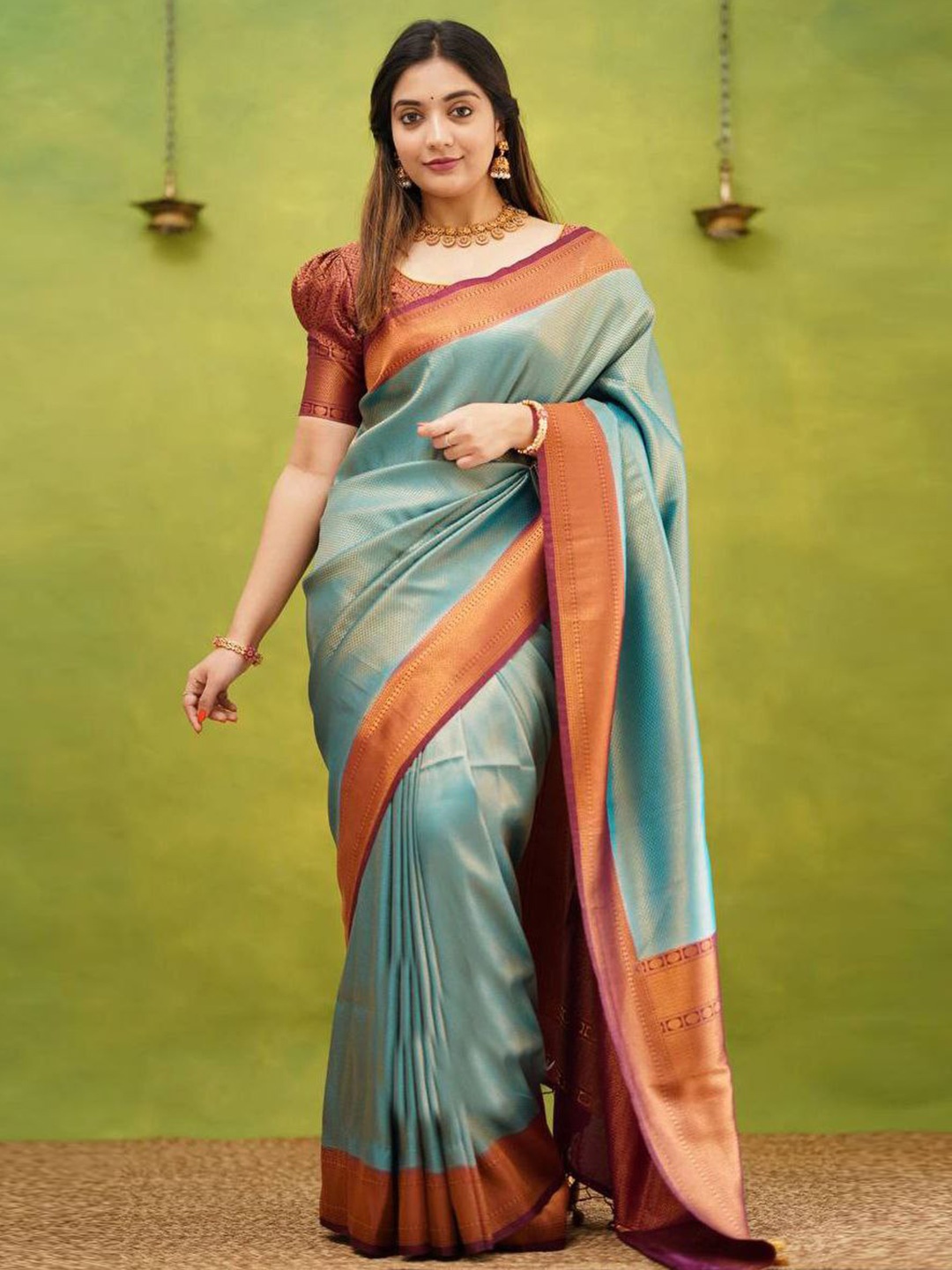 

Jinax Checked Pure Silk Banarasi Saree, Sea green