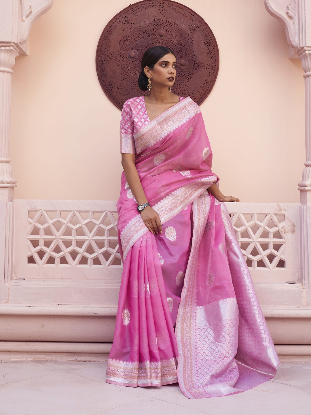 

elora Ethnic Motifs Woven Design Linen Blend Bhagalpuri Saree, Pink