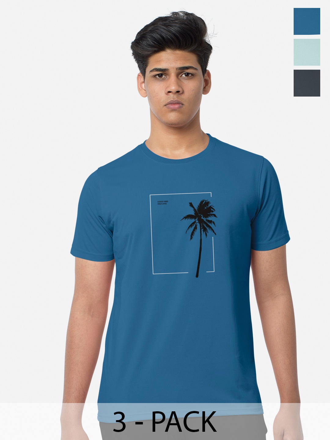 BULLMER Pack Of 3 Typography Printed Round Neck T-shirt, Turquoise blue