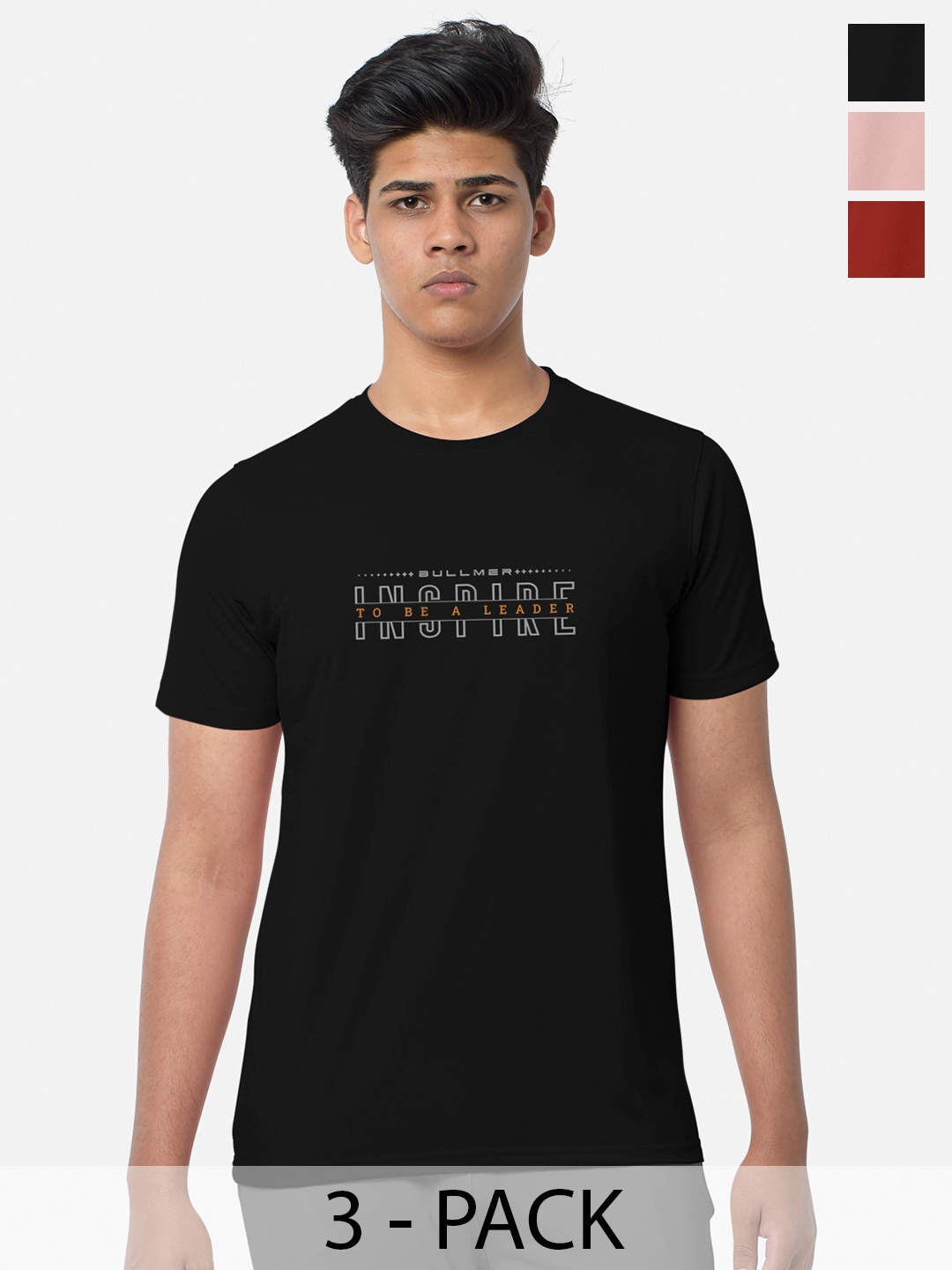 

BULLMER Pack Of 3 Typography Printed Round Neck T-shirt, Black