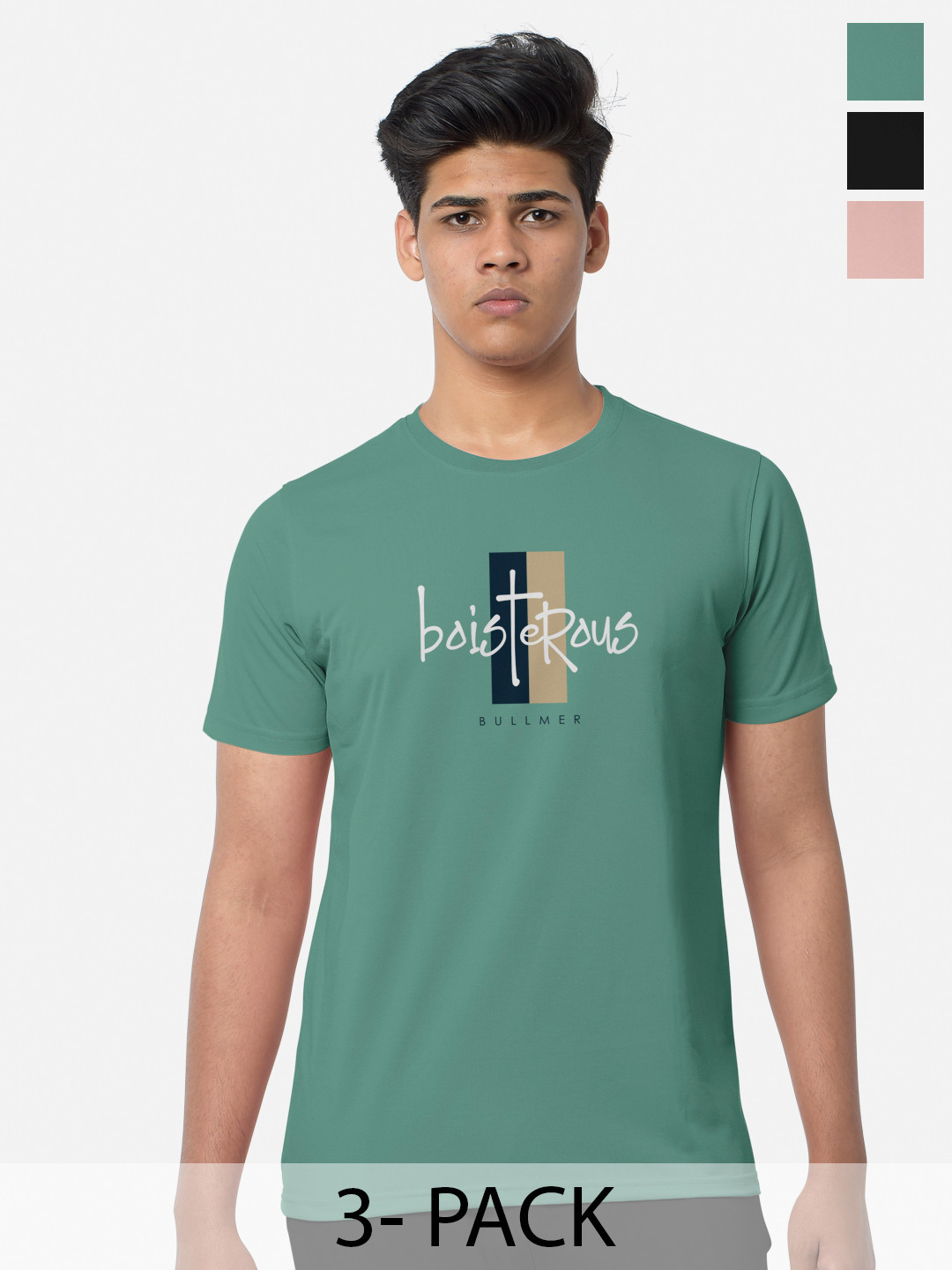 

BULLMER Pack Of 3 Typography Printed Cotton T-shirts, Green