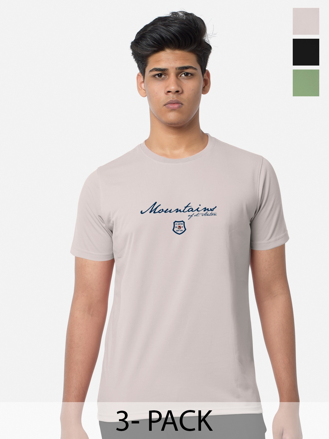 

BULLMER Pack Of 3 Typography Printed Cotton T-shirts, Beige