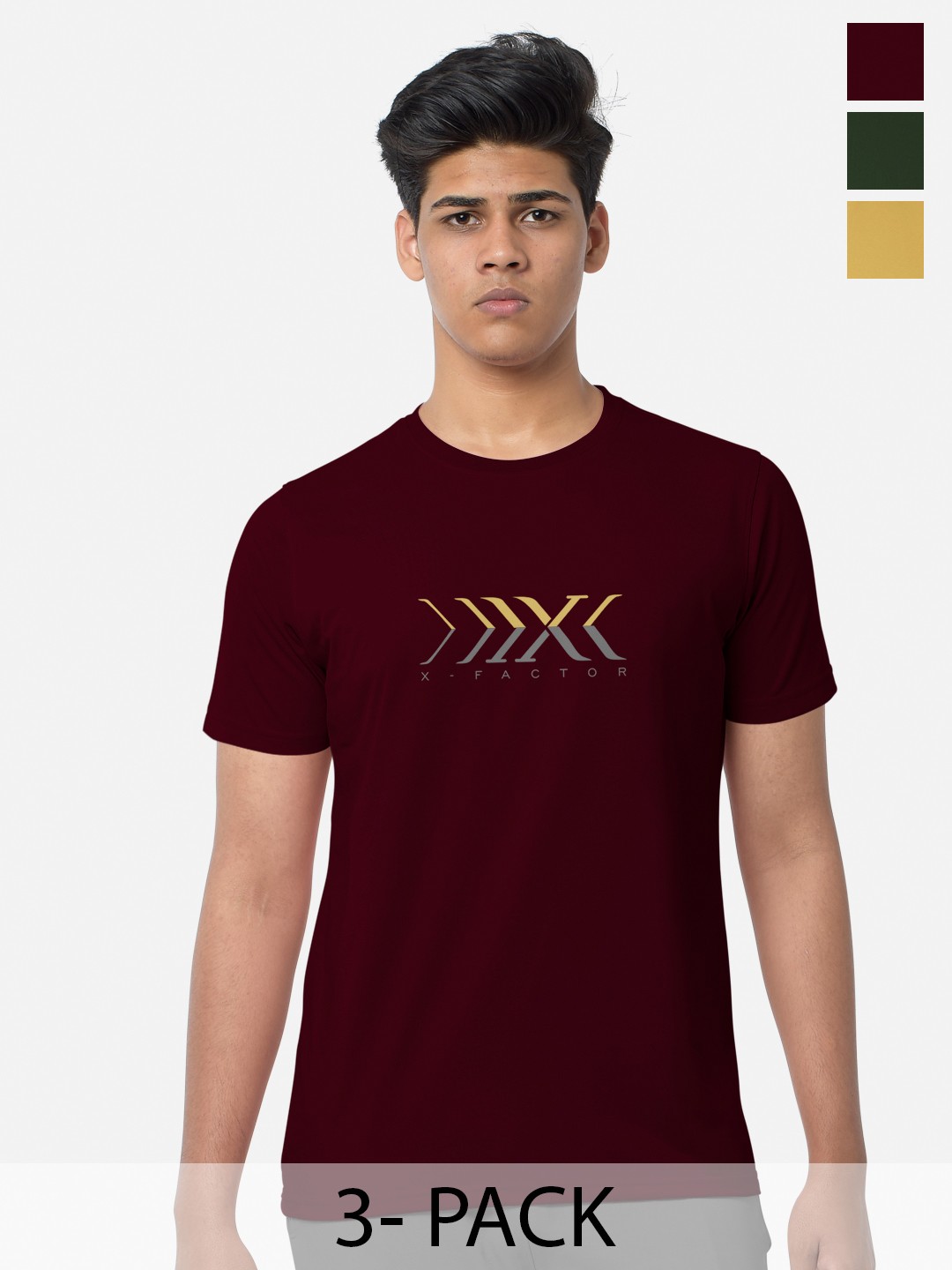

BULLMER Pack Of 3 Printed Cotton T-shirts, Maroon