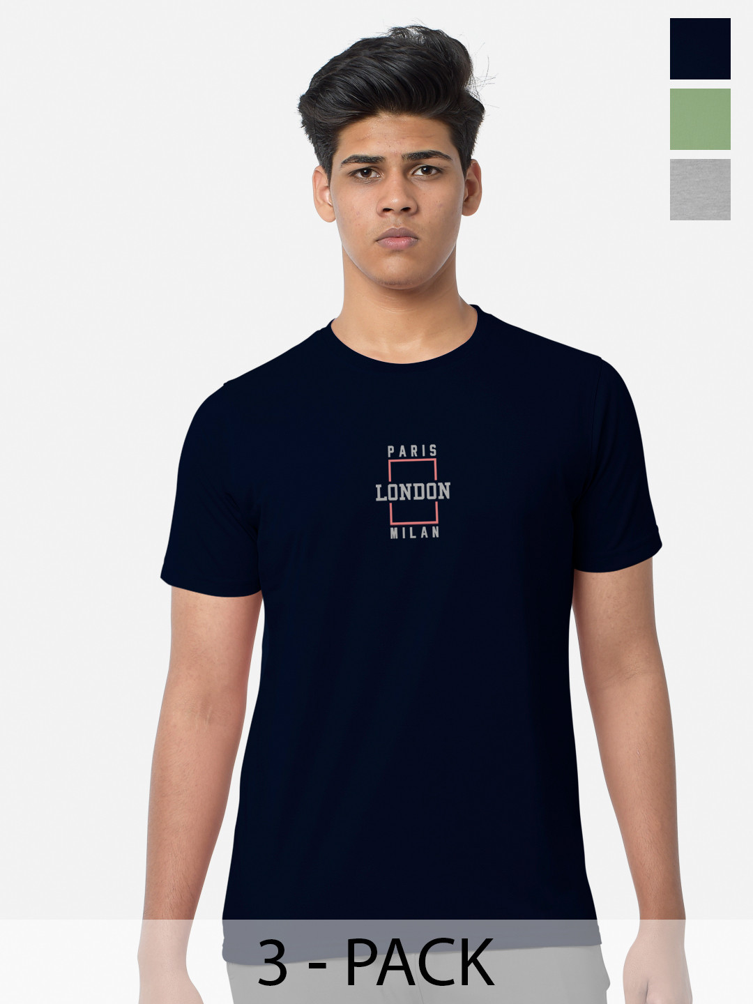 

BULLMER Pack Of 3 Typography Printed Cotton T-shirts, Navy blue