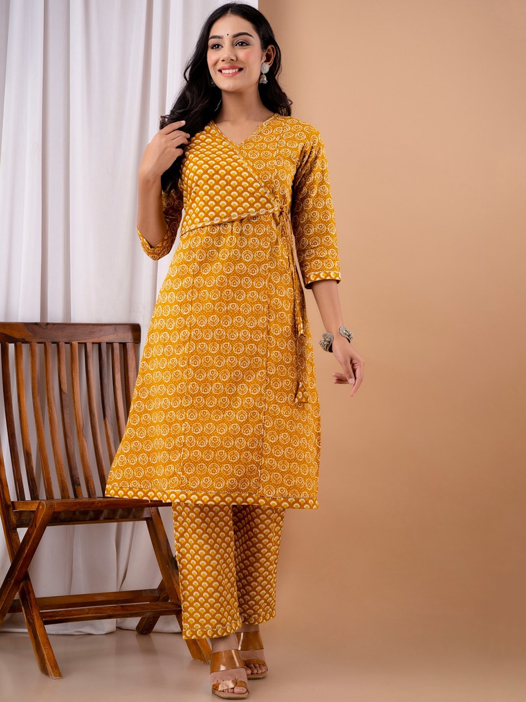 

Kohsh Ethnic Motifs Printed Gotta Patti Angrakha Pure Cotton Kurta with Trousers, Mustard