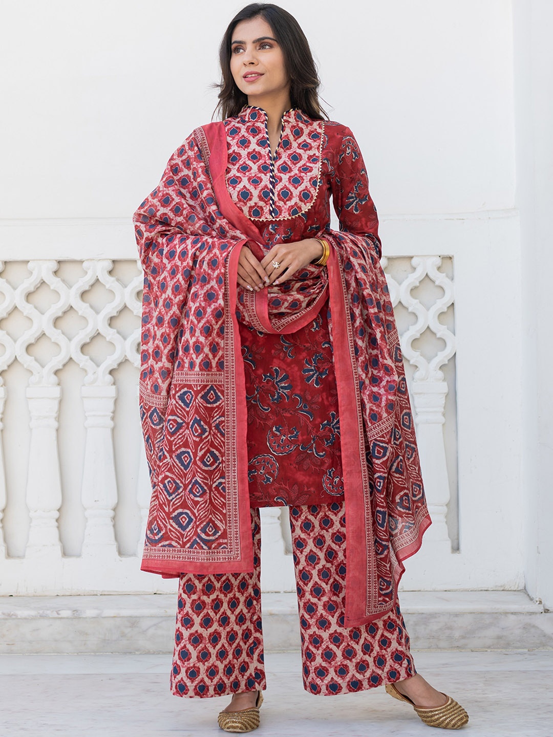 

Kohsh Ethnic Motifs Printed Mandarin Collar Pure Cotton Kurta With Palazzos & Dupatta, Maroon